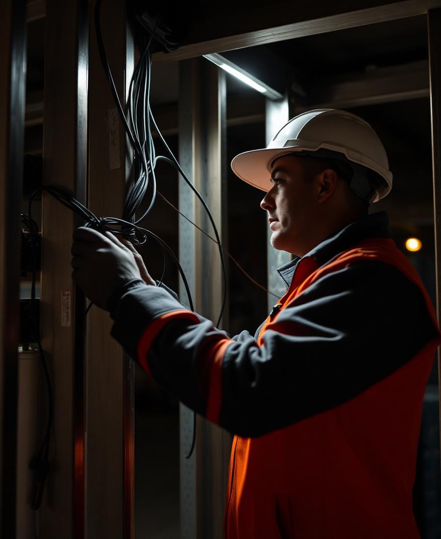 Electrician pulling wire through framed walls on a jobsite
