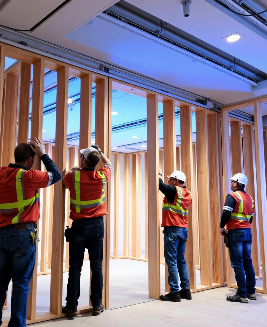 Framing crew installing interior partition walls
