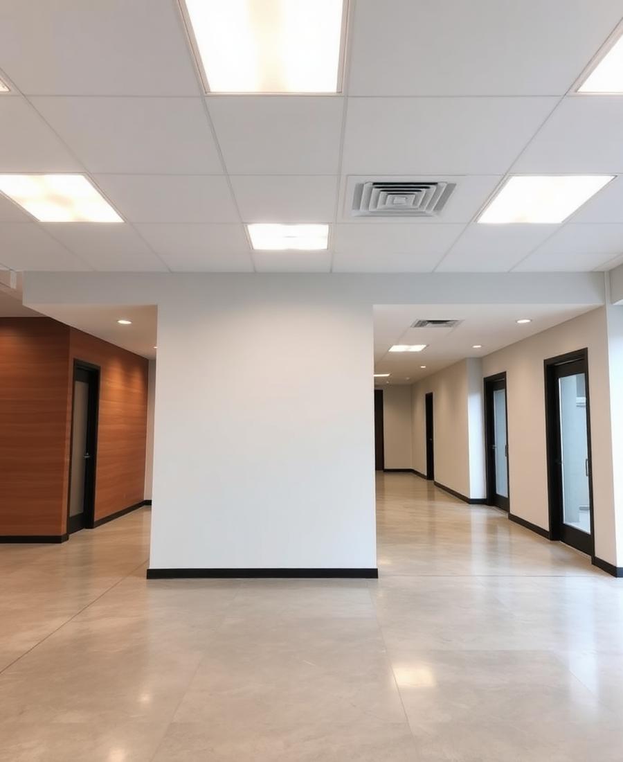 Completed modern commercial interior with finished drywall